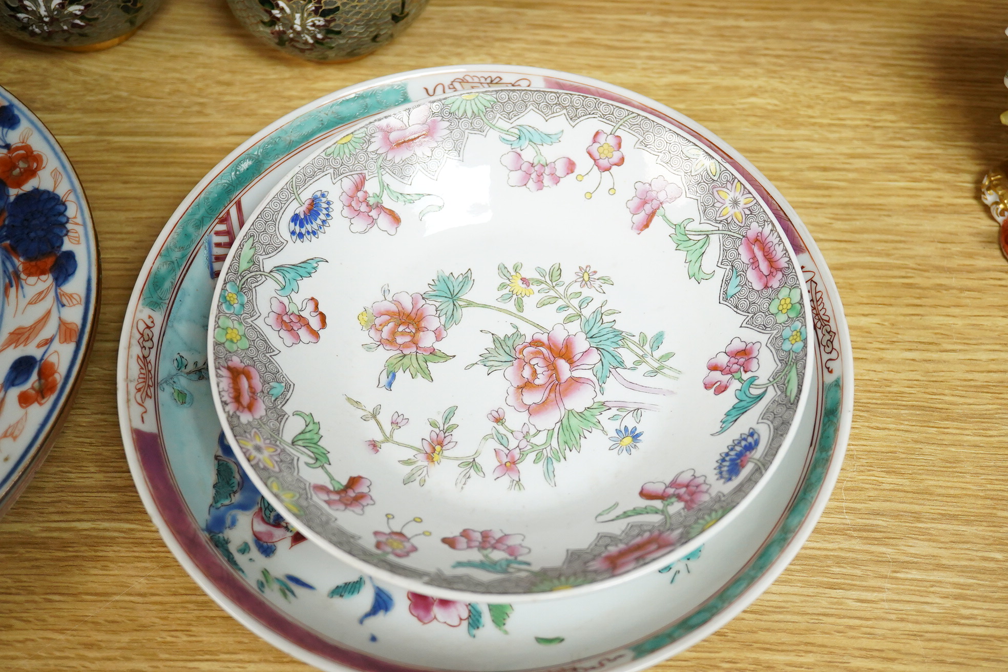 A pair of plique au jour Chinese vases together with a collection of Chinese export plates and dishes, largest 22cm in diameter